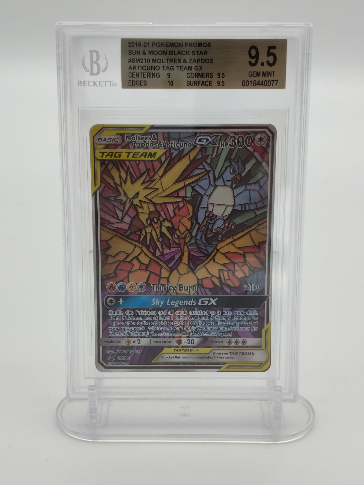 Pokémon TCG: Moltres & Zapdos & Articuno GX Full Art Promo SM210 – BGS 9.5 Gem Mint (Stained Glass Edition)