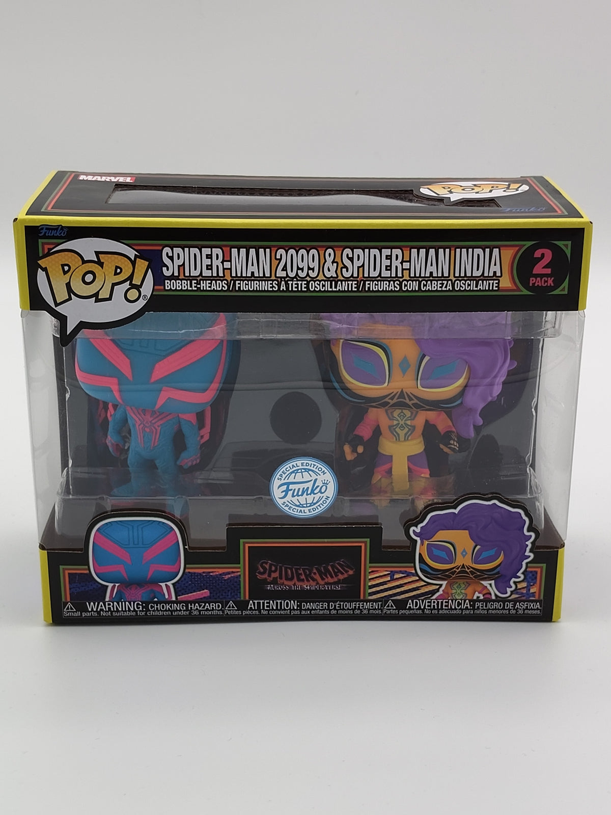 Funko Pop! Marvel: Across the Spider-Verse – Spider-Man 2099 & Spider-Man India (Black Light) 2-Pack